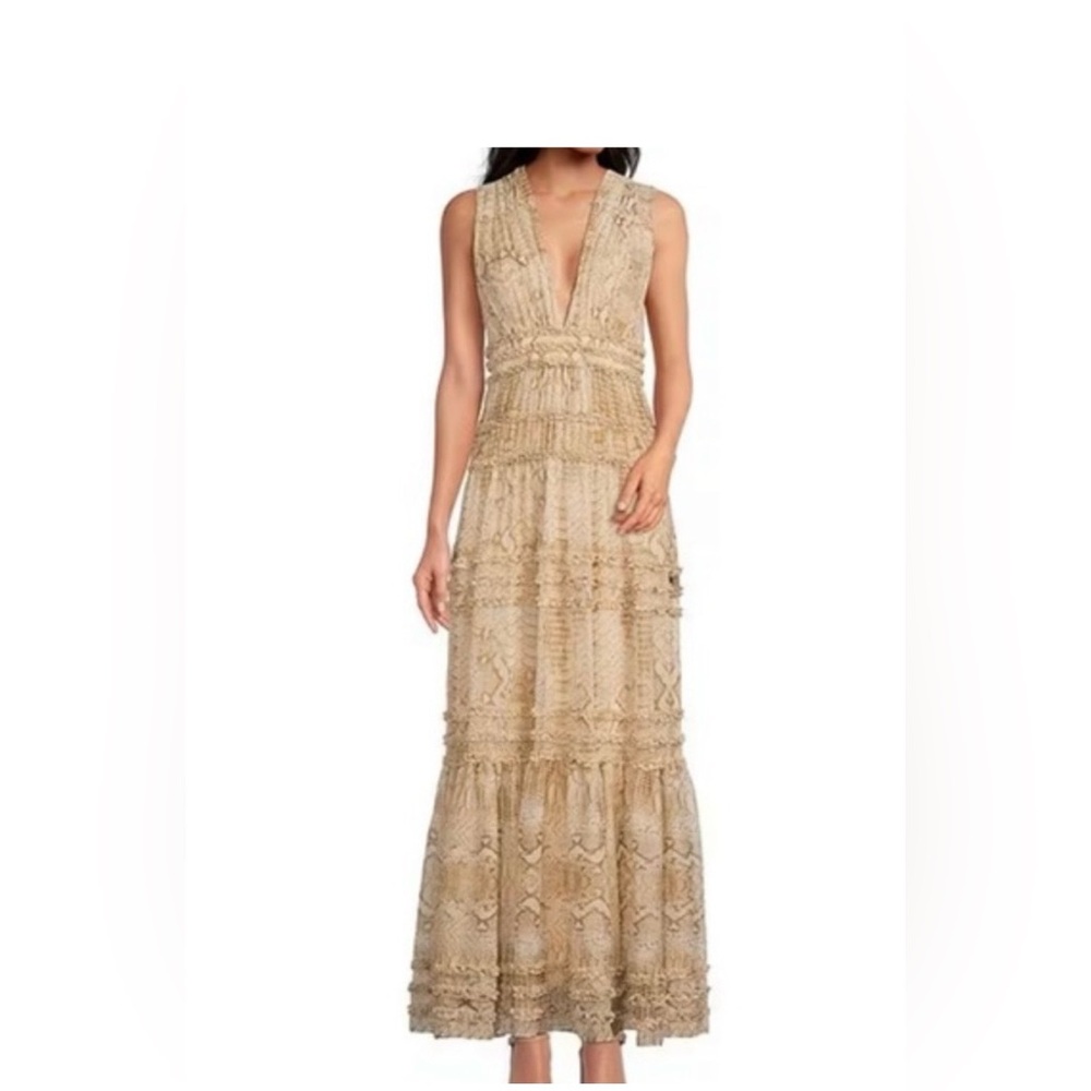 Gianni Bini Beige Athena snake print Maxi Dress with Deep V-Neckline